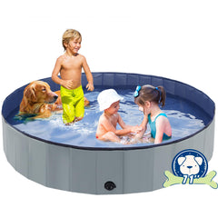 Eooqi foldable dog pool in gray ready for quick outdoor pet baths.