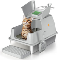 Eosarcu flip-top XL litter box with closed top demonstrates clean containment and lid in action