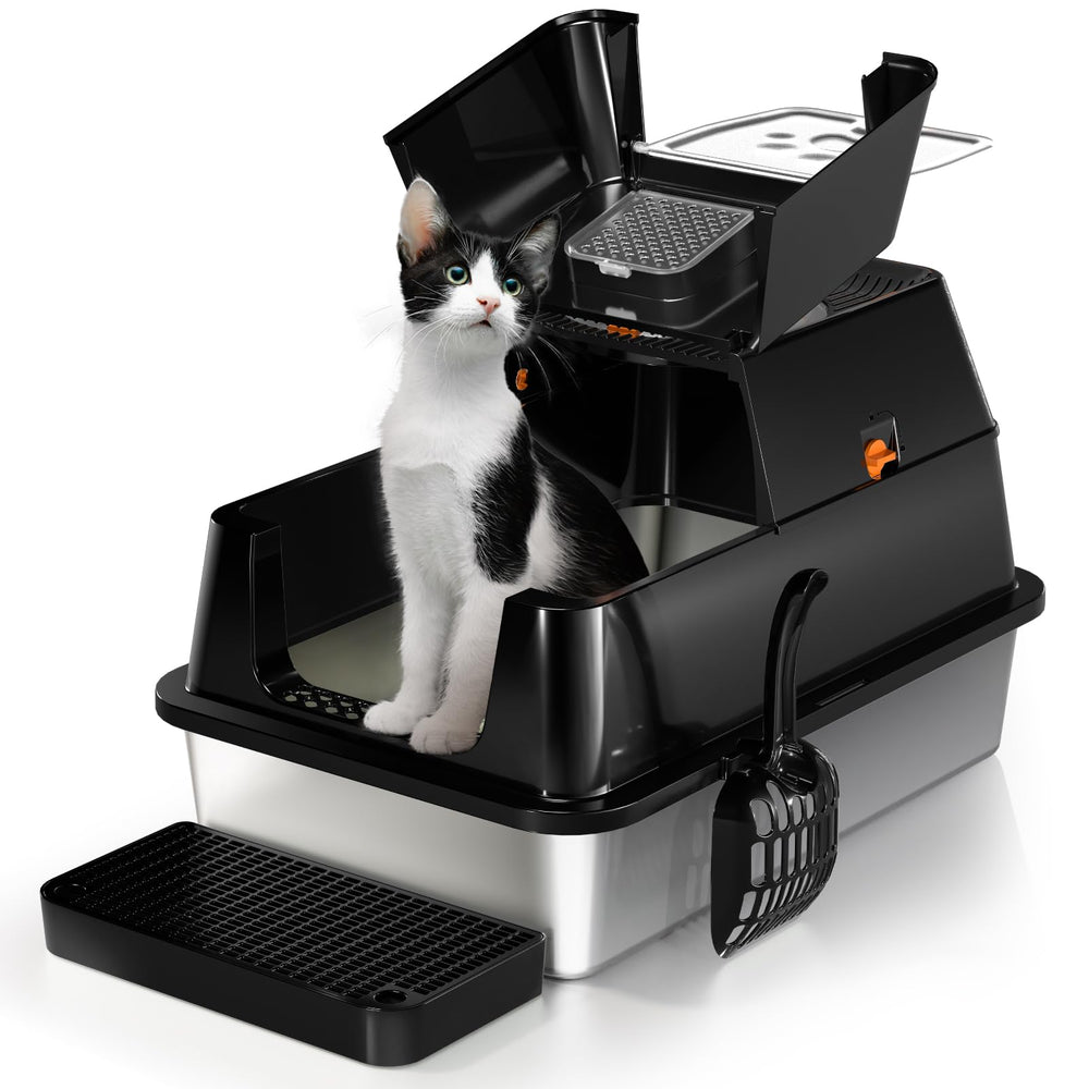 Eosarcu stainless-steel cat litter box lid 180 flip top for effortless cleaning.