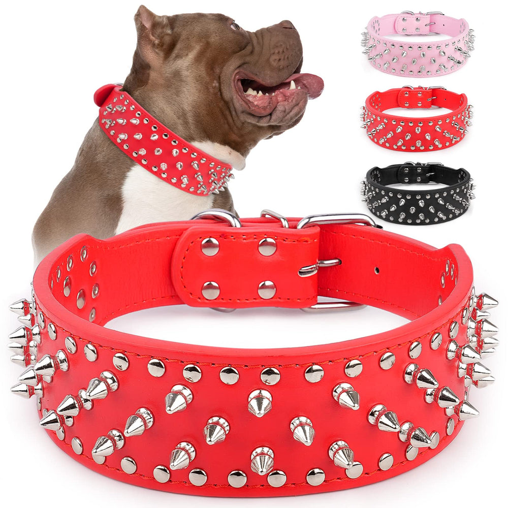 Epesiri adjustable wide spiked collar red front view showing safe spikes and soft PU leather
