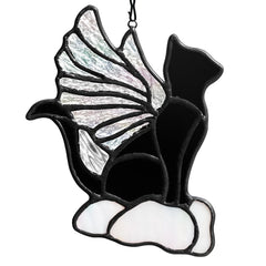 EPOGIFTS stained glass black cat suncatcher catches light for window decor.