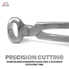 Equine Care hoof nipper features ergonomic non-slip grip for comfortable trimming.