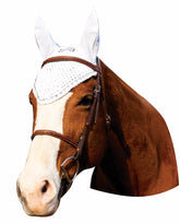 Equine Couture fly bonnet with crystals highlights ears, offering fly protection and stylish shine.