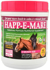 Equine Medical Happ-E-Mare bottle promotes calm mood support for riding comfort.