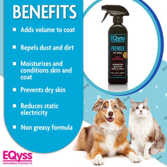 Eqyss Premier Pet Spray-dust-repellent illustrates how it helps repel dust and dirt.