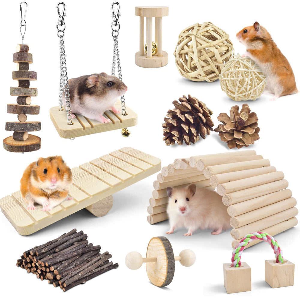 ERKOON 12-pack hamster chew toys apple wood ladder promotes natural gnawing and enrichment.