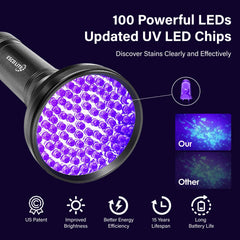 ESCO LITE UV Flashlight reveals dog urine traces glowing under 395 nm.