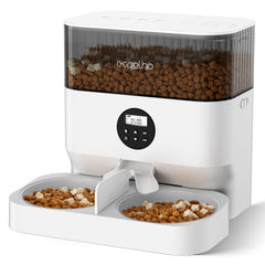 Espelho automatic cat feeder 2-way splitter shown with dual bowls for synchronized two-cat meals.