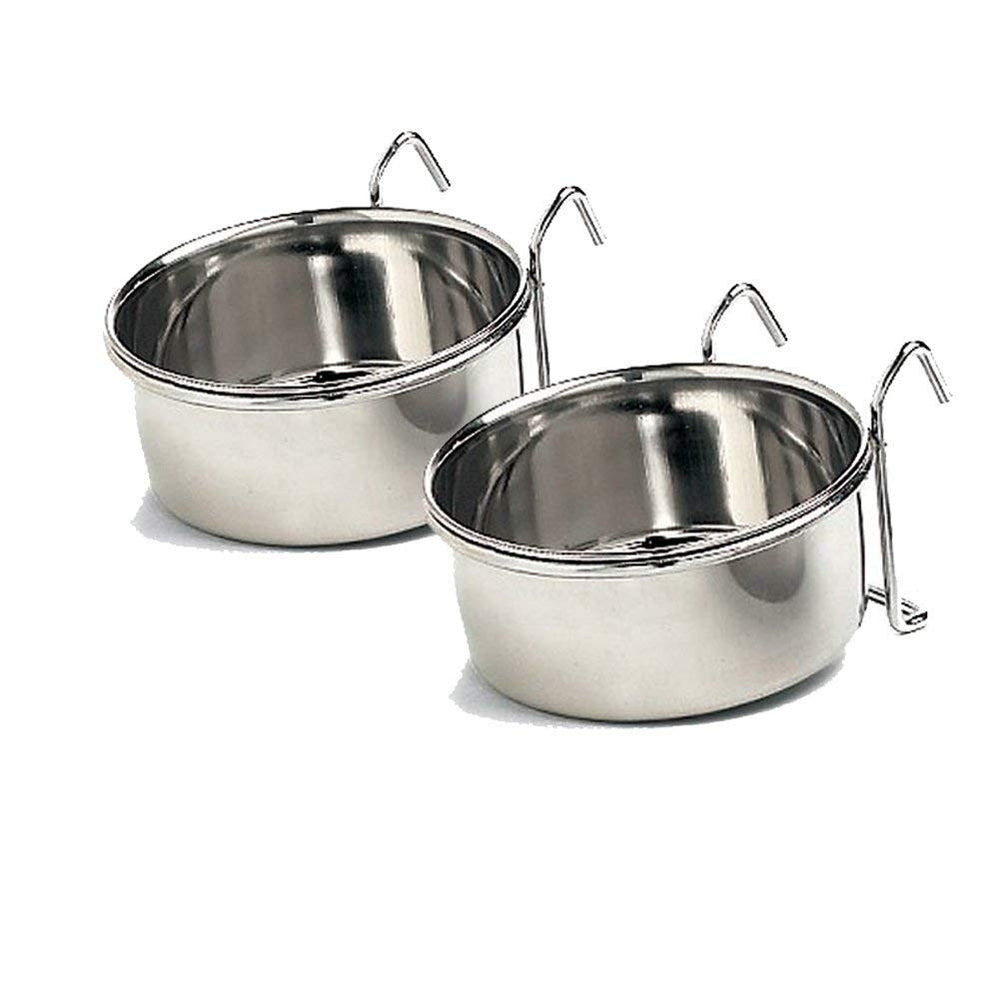Ethical stainless steel coop cup attached to a dog crate for spill-free feeding.