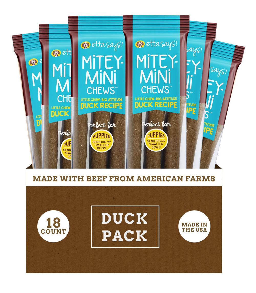 Etta Says Mitey Mini Chews packaging front highlights USA-made quality for puppy rewards.