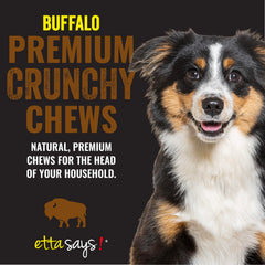 Etta Says Buffalo dog chew closeup texture highlights bite-friendly, teeth-cleaning potential.
