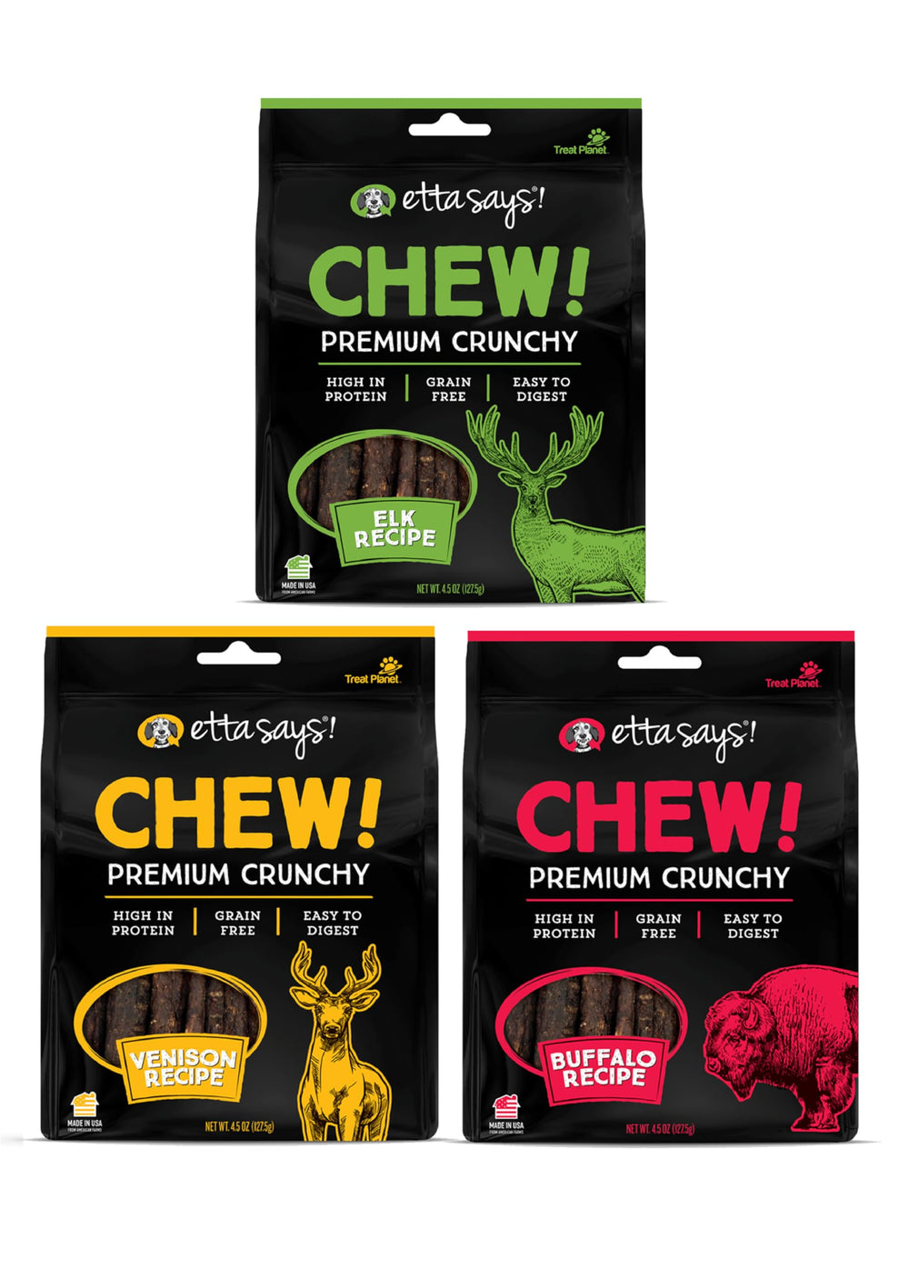 Etta Says Premium Crunchy Dog Chews variety pack front view showcases variety for daily treats
