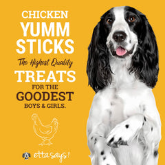etta says! Yumm Sticks chicken jerky closeup highlights real meat aroma.