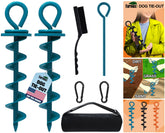 EURMAX navy-blue dog tie-out stake on grass for secure outdoor containment.