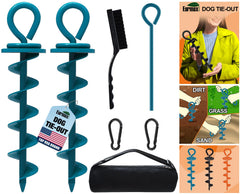 EURMAX navy-blue dog tie-out stake on grass for secure outdoor containment.
