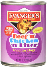 Evanger's Classic Beef-Chicken-Liver 13oz can closeup highlights wholesome meat for tasty nutrition.
