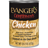 Evanger's Complements grain-free chicken can front view highlighting pure protein for sensitive pets.