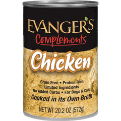 Evanger's Complements grain-free chicken can front view highlighting pure protein for sensitive pets.