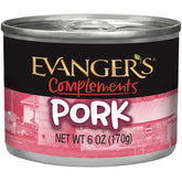 Evanger's Complements grain-free pork cans highlight pure protein for sensitive pets.