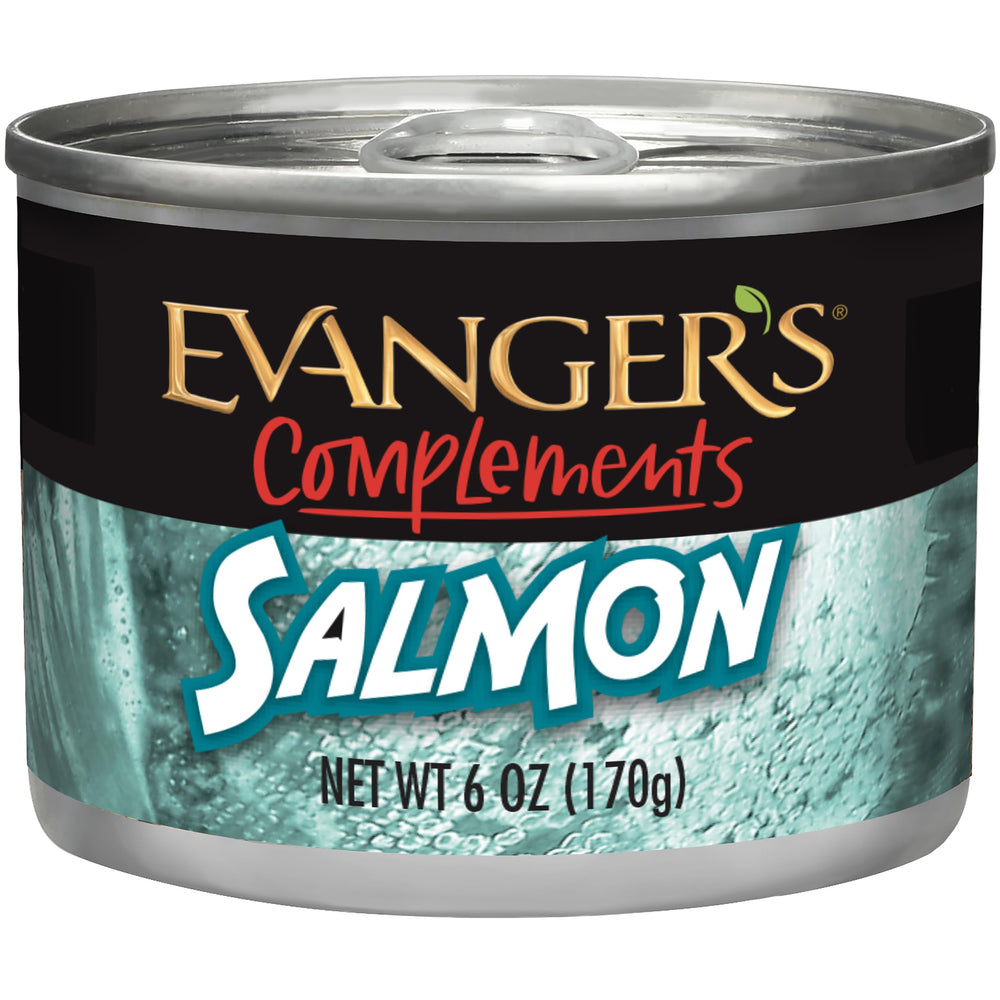 Evanger's Complements grain-free salmon can packaging shows grain-free single-protein formula for dogs and cats.