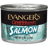 Evanger's Complements grain-free salmon can packaging shows grain-free single-protein formula for dogs and cats.