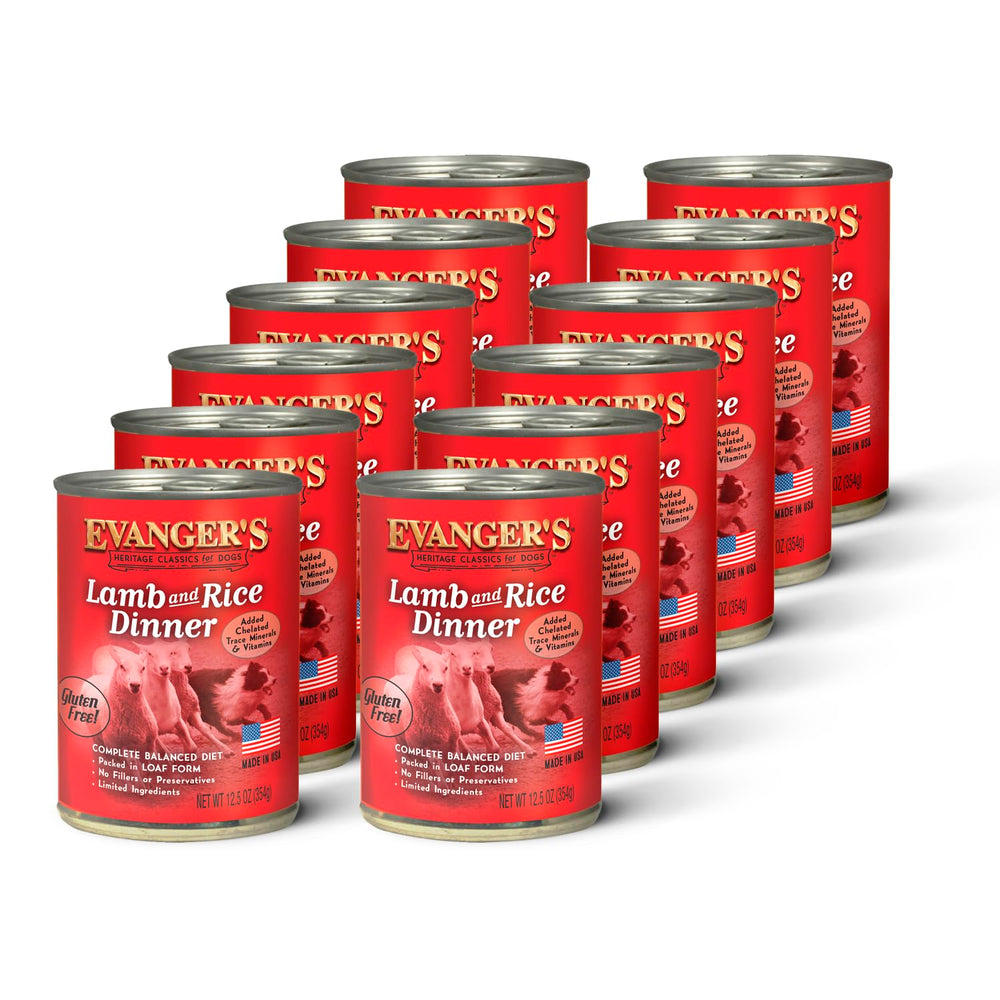 Evanger's Heritage Classic lamb-rice dinner can close-up showing protein for energy