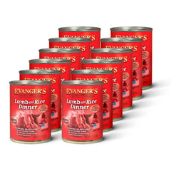 Evanger's Heritage Classic lamb-rice dinner can close-up showing protein for energy