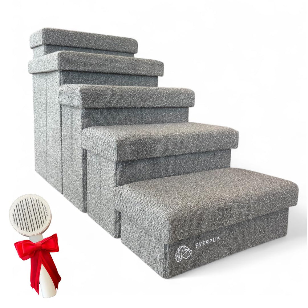 EVERPUP 5-step dog stairs on bed in light gray for easy access.