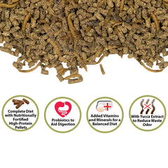 Exotic Nutrition Hedgehog Complete pellets close-up highlights high-protein formula with grains and mealworms