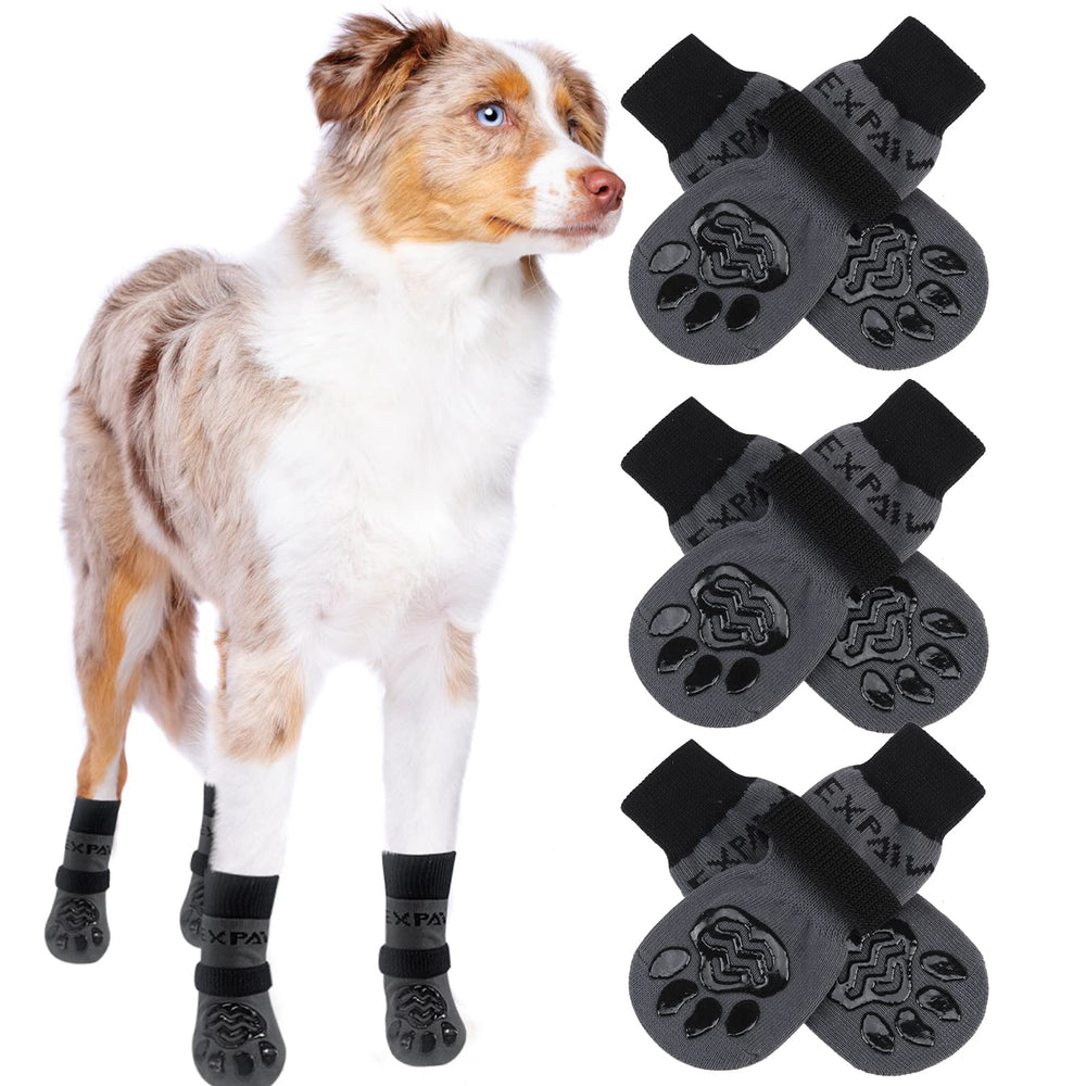 EXPAWLORER anti-slip socks on paw improve indoor traction.