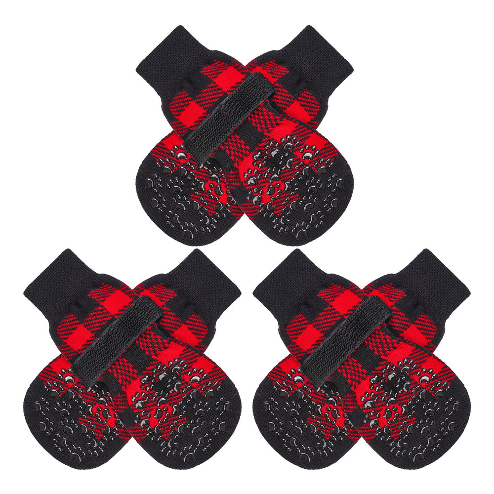 EXPAWLORER anti-slip socks on wood floor demonstrating double-side grip for traction.