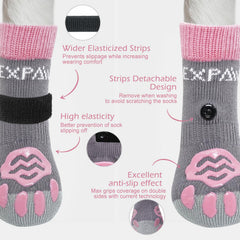 Calcetines Expawlorer para perro, vista trasera, evitan resbalones en pisos pulidos.