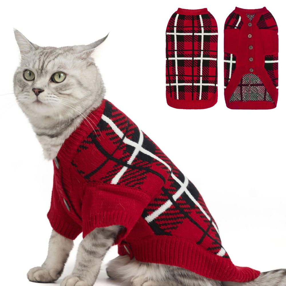 EXPAWLORER cat sweater cardigan red S front view shows cozy knit warmth.