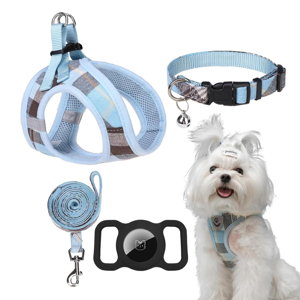 EXPAWLORER Classic Plaid Harness blue side view for small dogs, comfortable everyday walks.