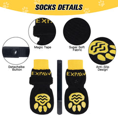 EXPAWLORER dog socks demonstrating adjustable fit with magic tape