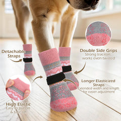 EXPAWLORER dog socks with grip-dots reduce slips on wood floors.