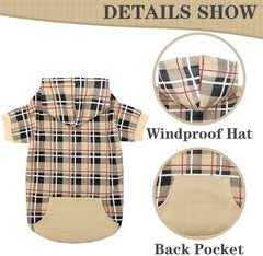 EXPAWLORER plaid dog hoodie back pocket closeup reveals convenient treat storage on outings