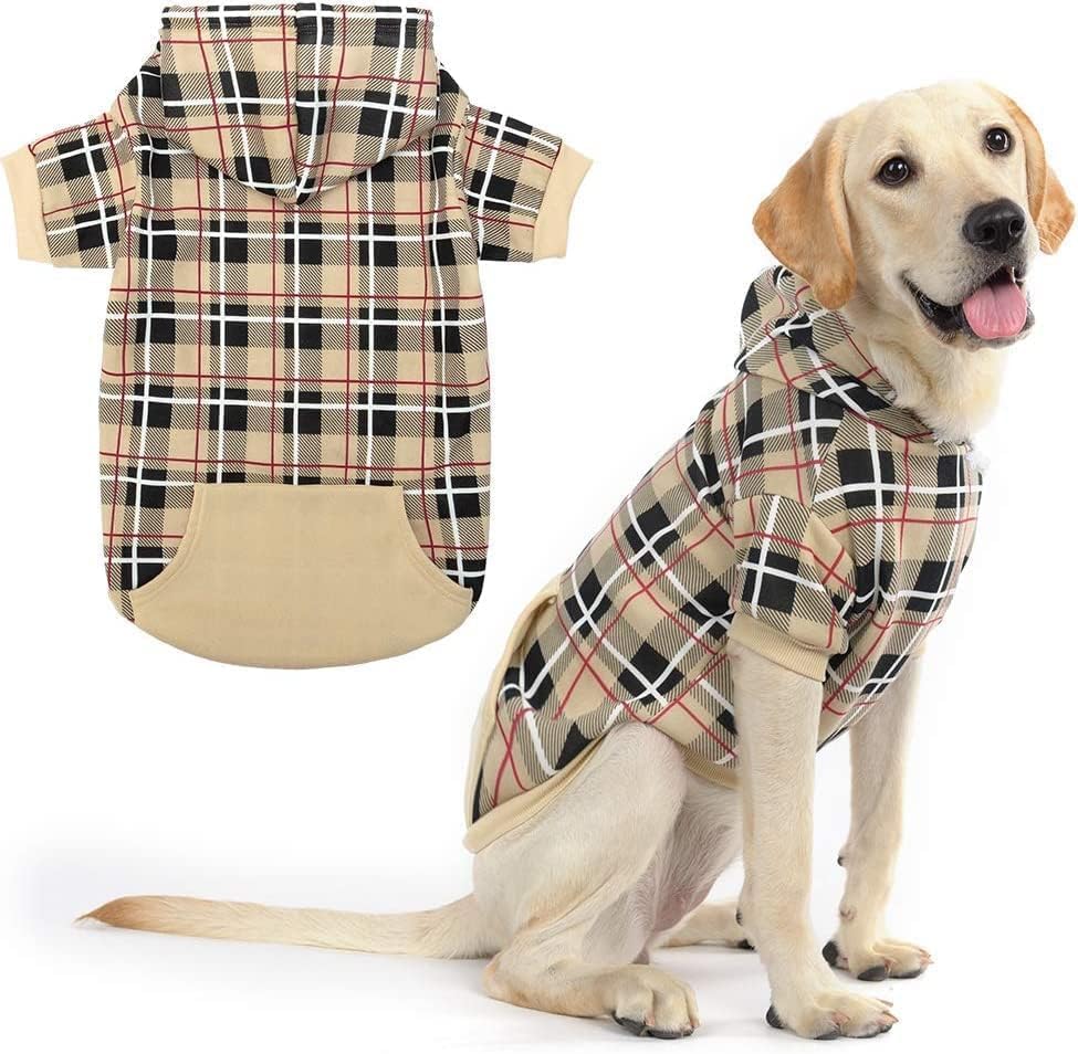 EXPAWLORER plaid dog hoodie front view shows warm beige fabric for cozy outdoor strolls