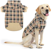 EXPAWLORER plaid dog hoodie front view shows warm beige fabric for cozy outdoor strolls
