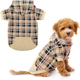 EXPAWLORER plaid dog hoodie front view shows cozy warm fabric for everyday walks.