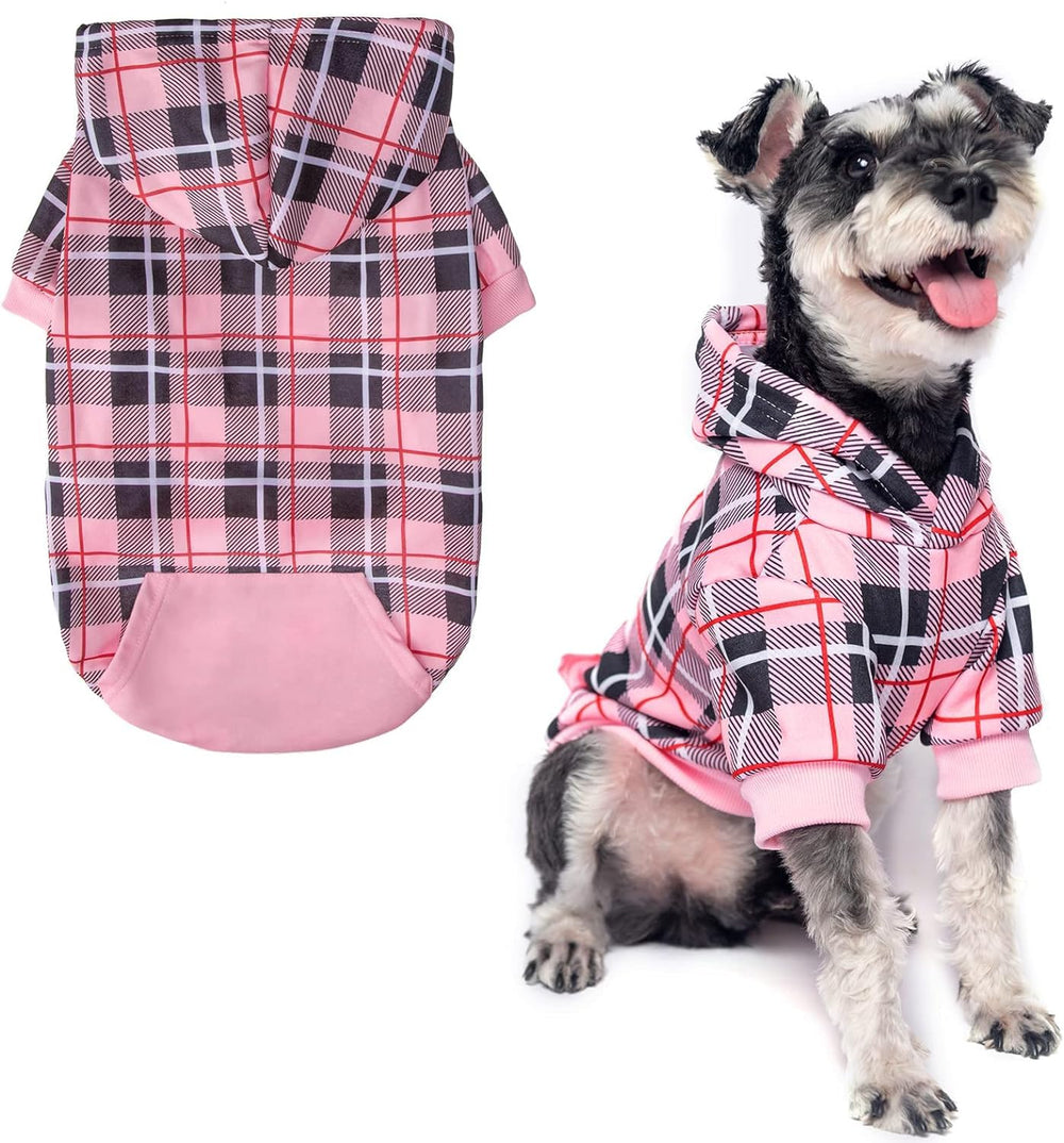 EXPAWLORER plaid dog hoodie pink medium front view for festive warmth and style.
