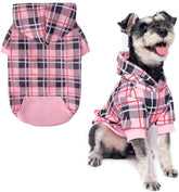 EXPAWLORER plaid dog hoodie pink medium front view for festive warmth and style.