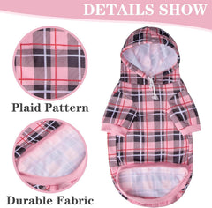 EXPAWLORER plaid dog hoodie pink medium pocket detail for treats on the go.