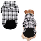 EXPAWLORER plaid dog hoodie front view, cozy warmth for outdoor walks.