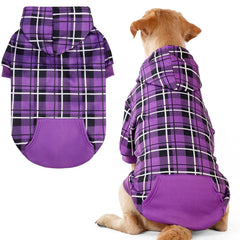 EXPAWLORER plaid dog hoodie front view showing snug warmth for chilly walks