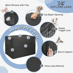 Explore Land dog crate cover mesh ventilation highlights adjustable visibility and airflow.