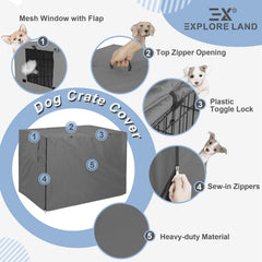 Explore Land dog crate cover top zipper handle for quick removal.
