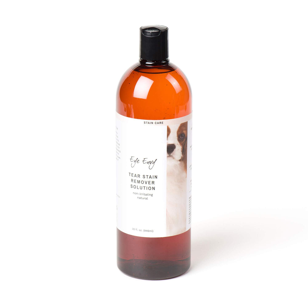Eye Envy Tear Stain Solution bottle 32oz demonstrating convenient at-home tear-stain maintenance