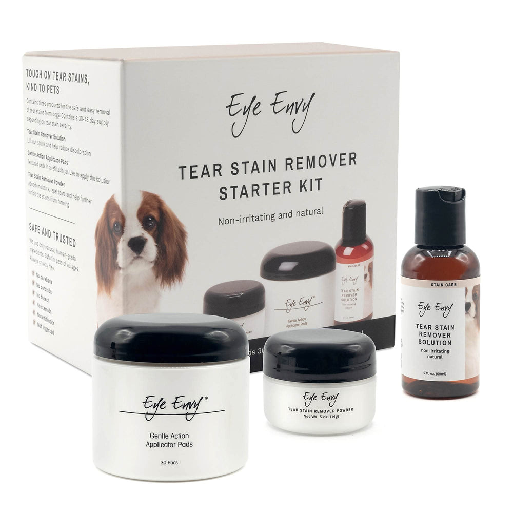 Eye Envy Tear Stain Solution bottle demonstrates gentle, fast-acting eye care for dogs.