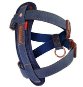 EzyDog chest plate no pull harness in denim front view shows escape-proof control for daily walks.
